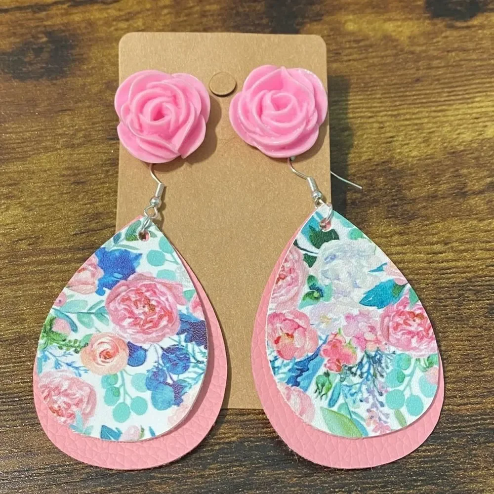 Women's Floral Earring Set Pink Rose Studs Rose Dangles Teardrop Dangles Fashion